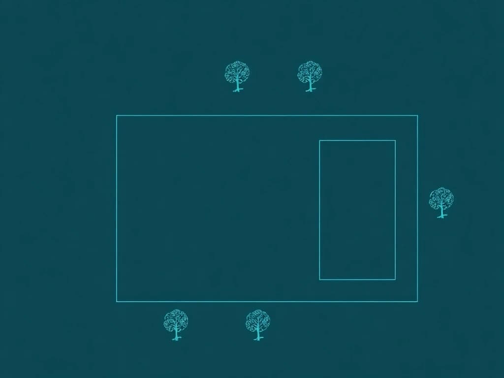 Blueprint plan showing the house, proposed pool footprint, property boundary, and surrounding trees